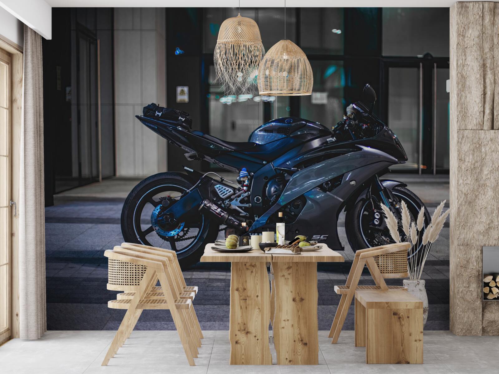 Fototapeta ciemnoniebieski motocykl pozostawiony na parkingu