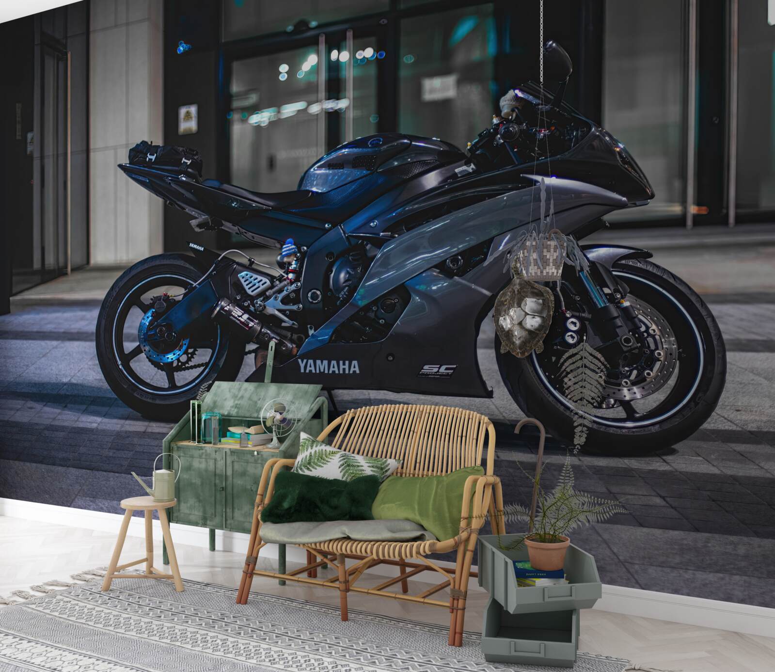 Fototapeta ciemnoniebieski motocykl pozostawiony na parkingu