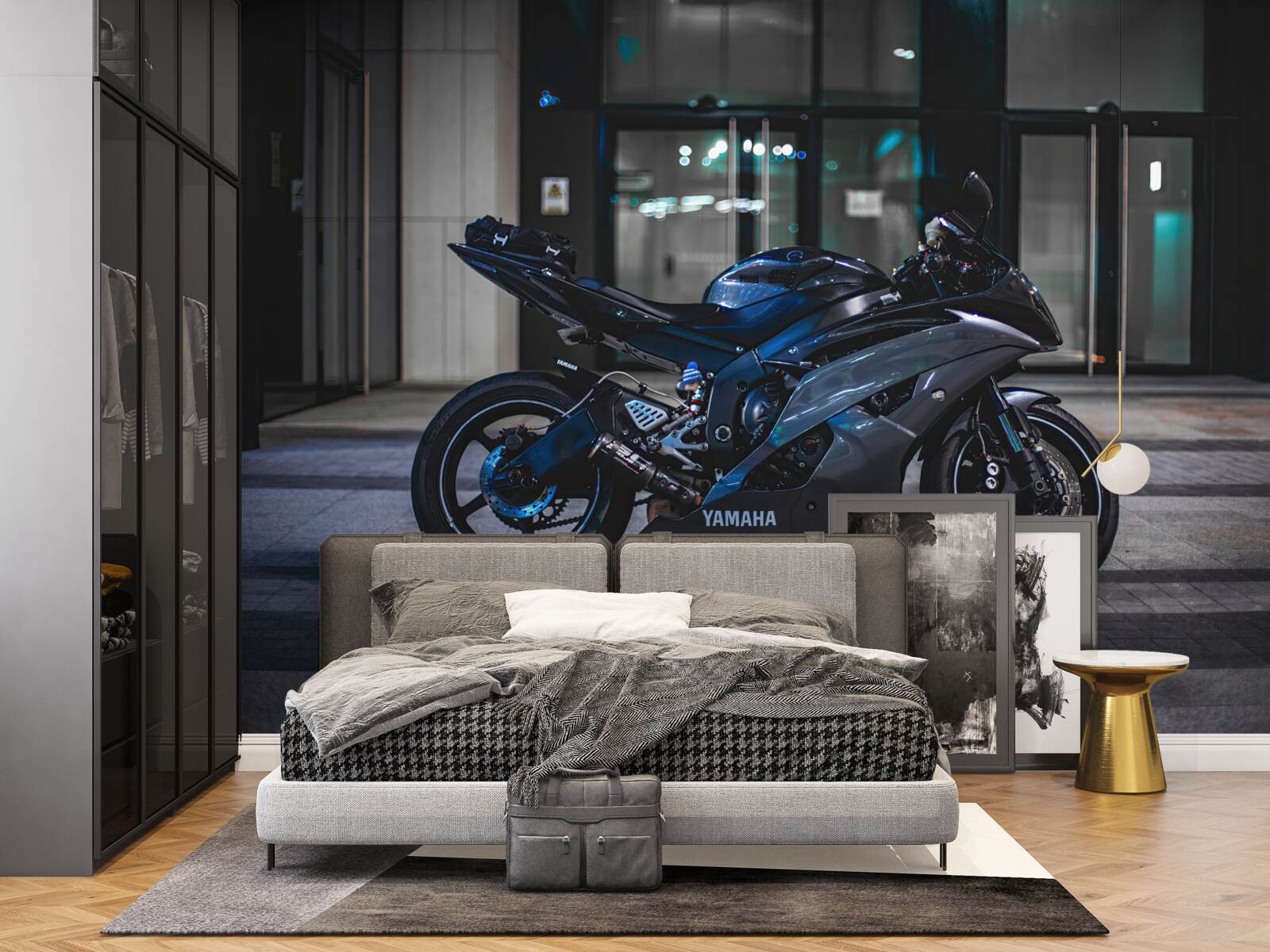 Fototapeta ciemnoniebieski motocykl pozostawiony na parkingu