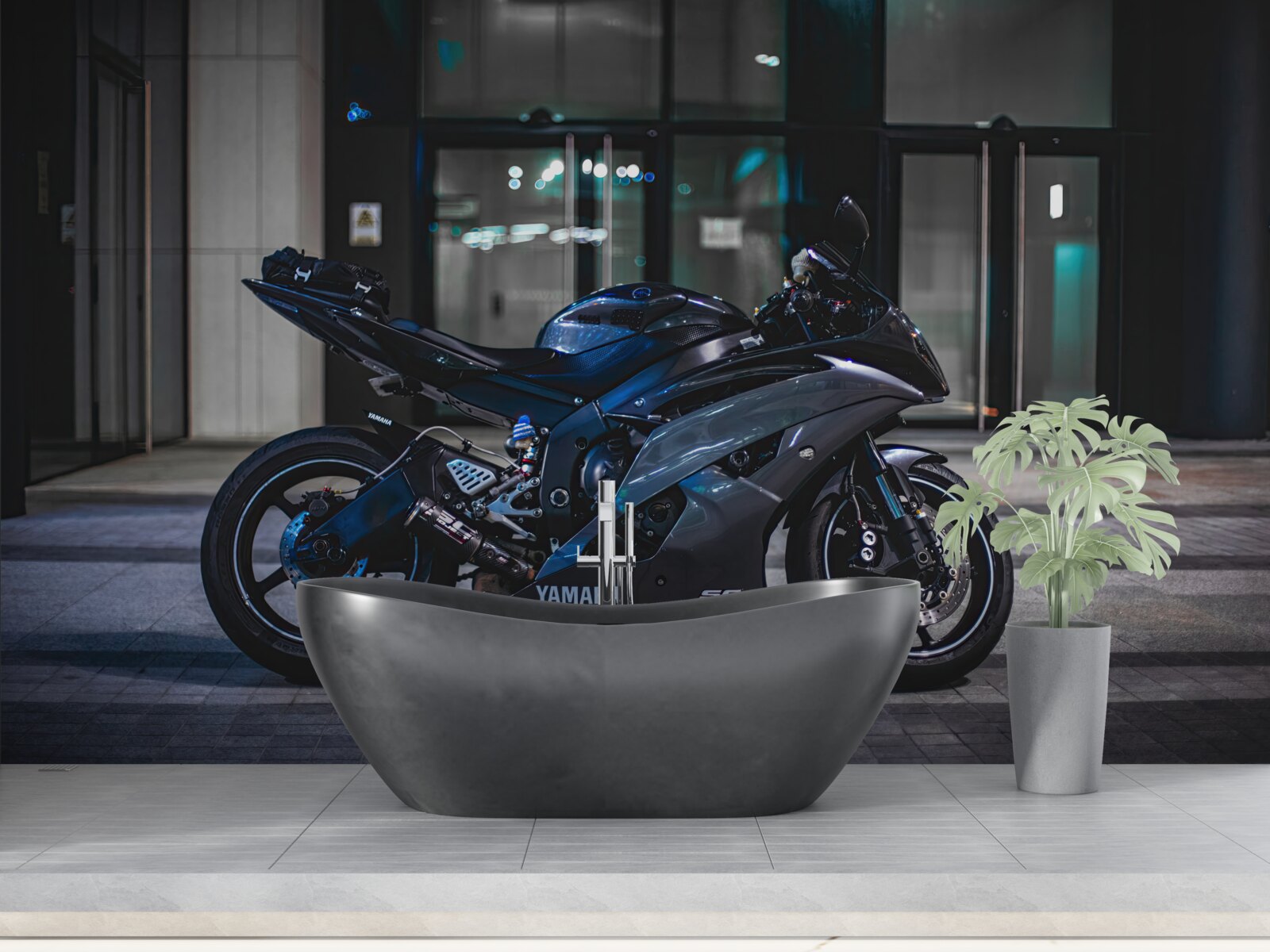 Fototapeta ciemnoniebieski motocykl pozostawiony na parkingu