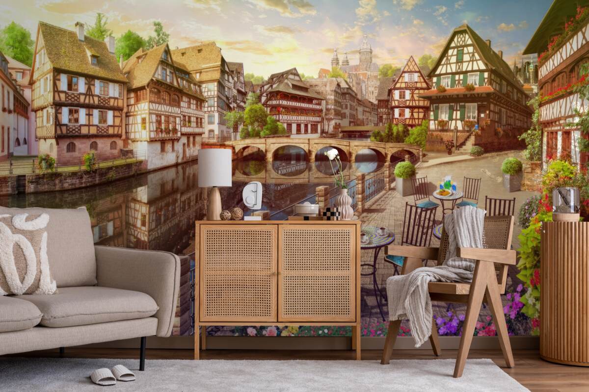 Fototapeta stoliki przy wodzie w historycznej części miasta