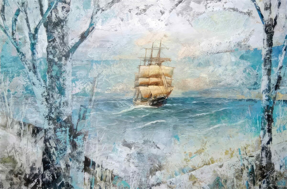 Fototapeta obraz statku pod żaglami na oceanie