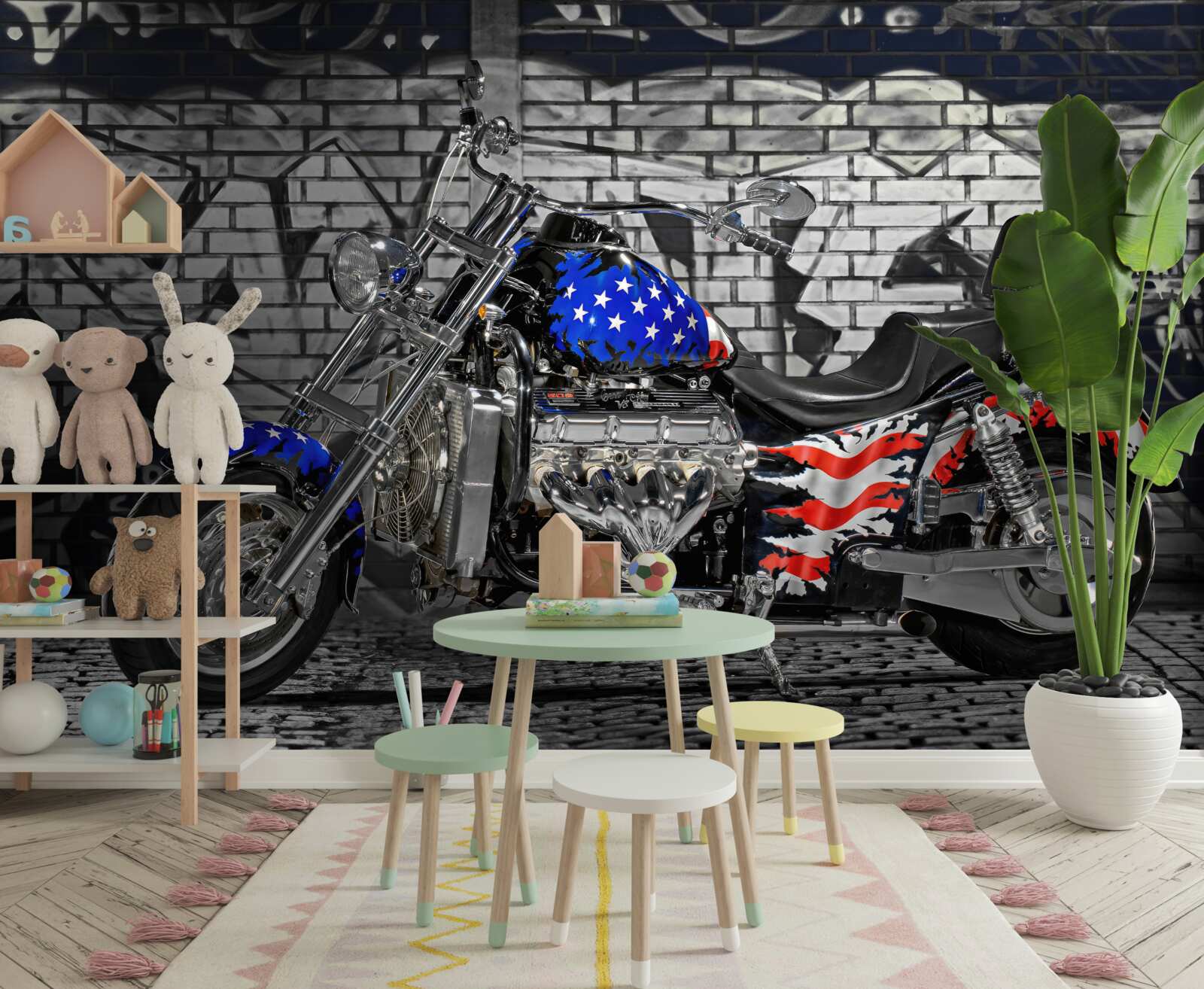 Fototapeta motocykl obok pomalowanej ściany