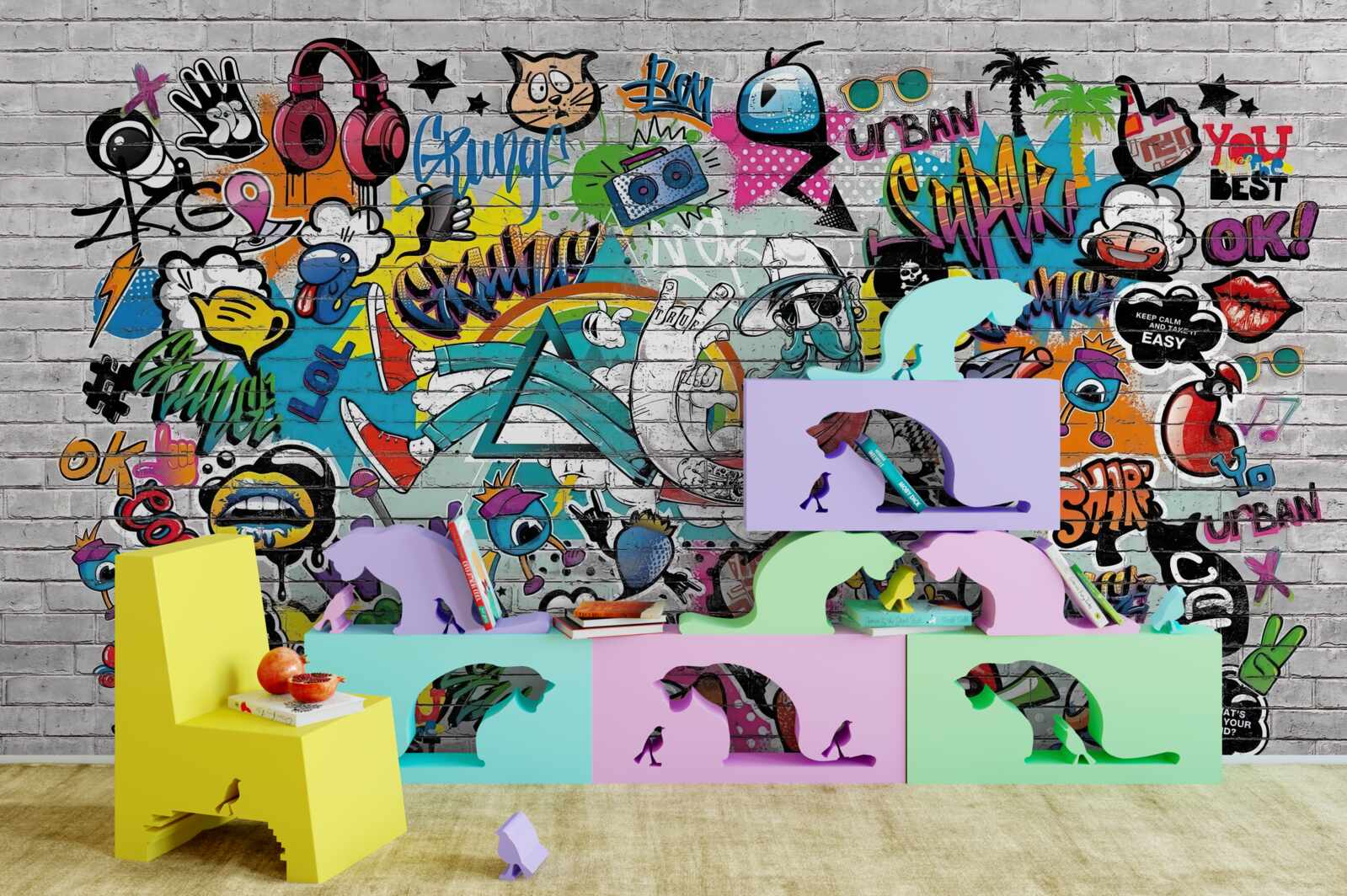 Fototapeta Ściana z cegieł ozdobiona jasnym graffiti