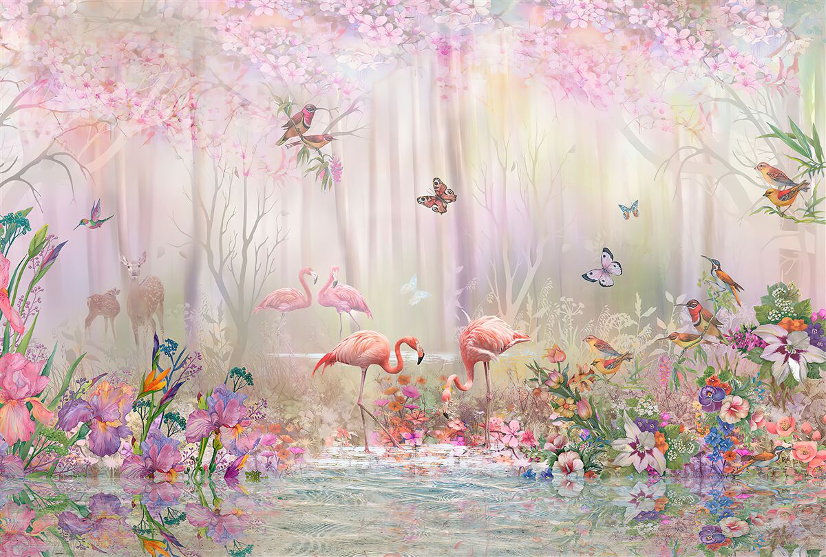 Fototapeta flamingi i inne ptaki w mglistym lesie