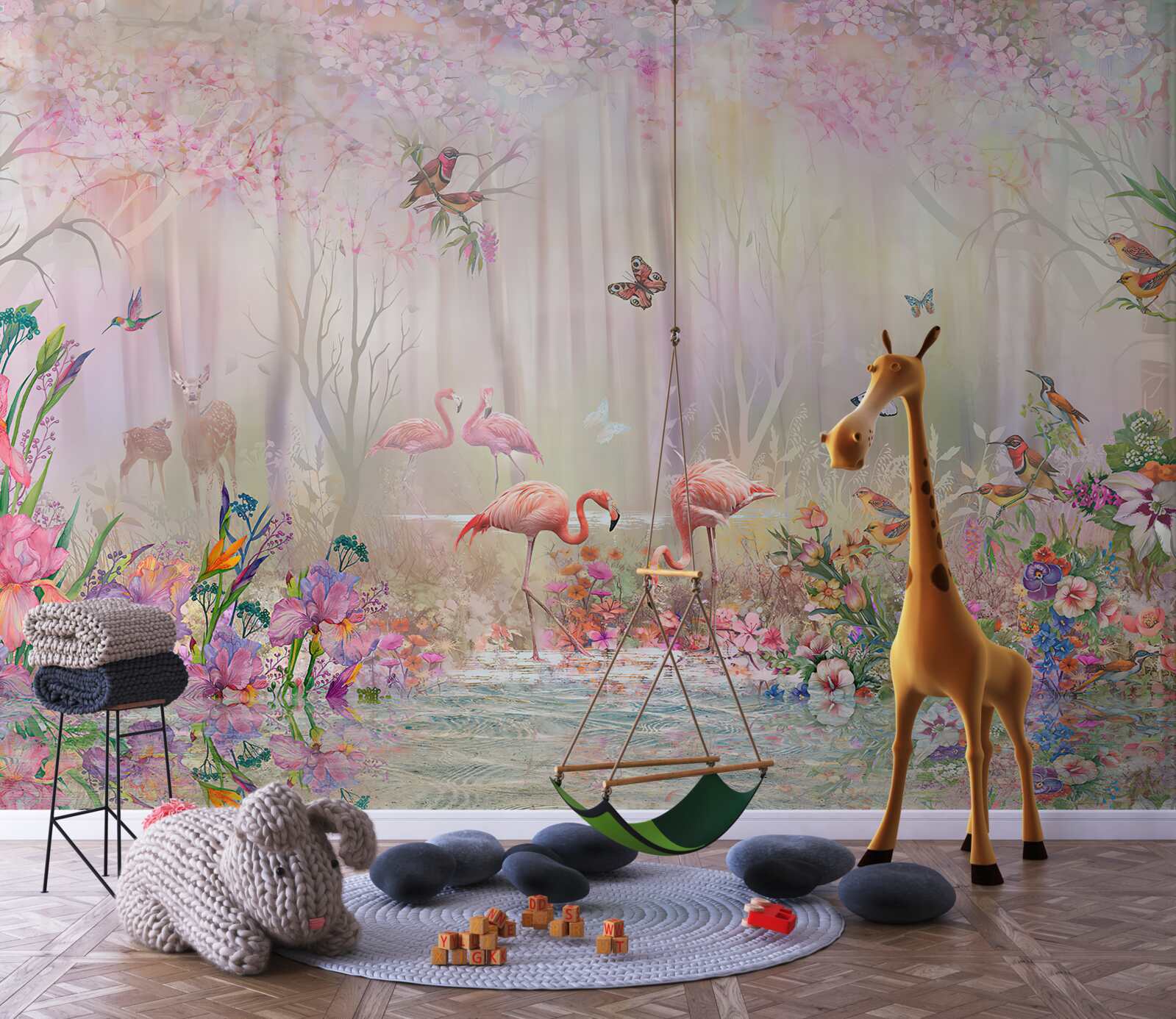 Fototapeta flamingi i inne ptaki w mglistym lesie