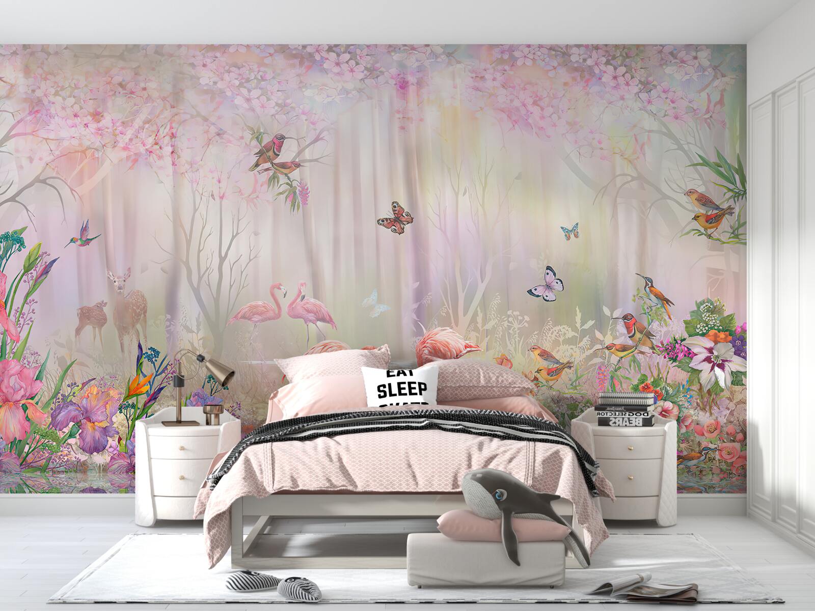 Fototapeta flamingi i inne ptaki w mglistym lesie