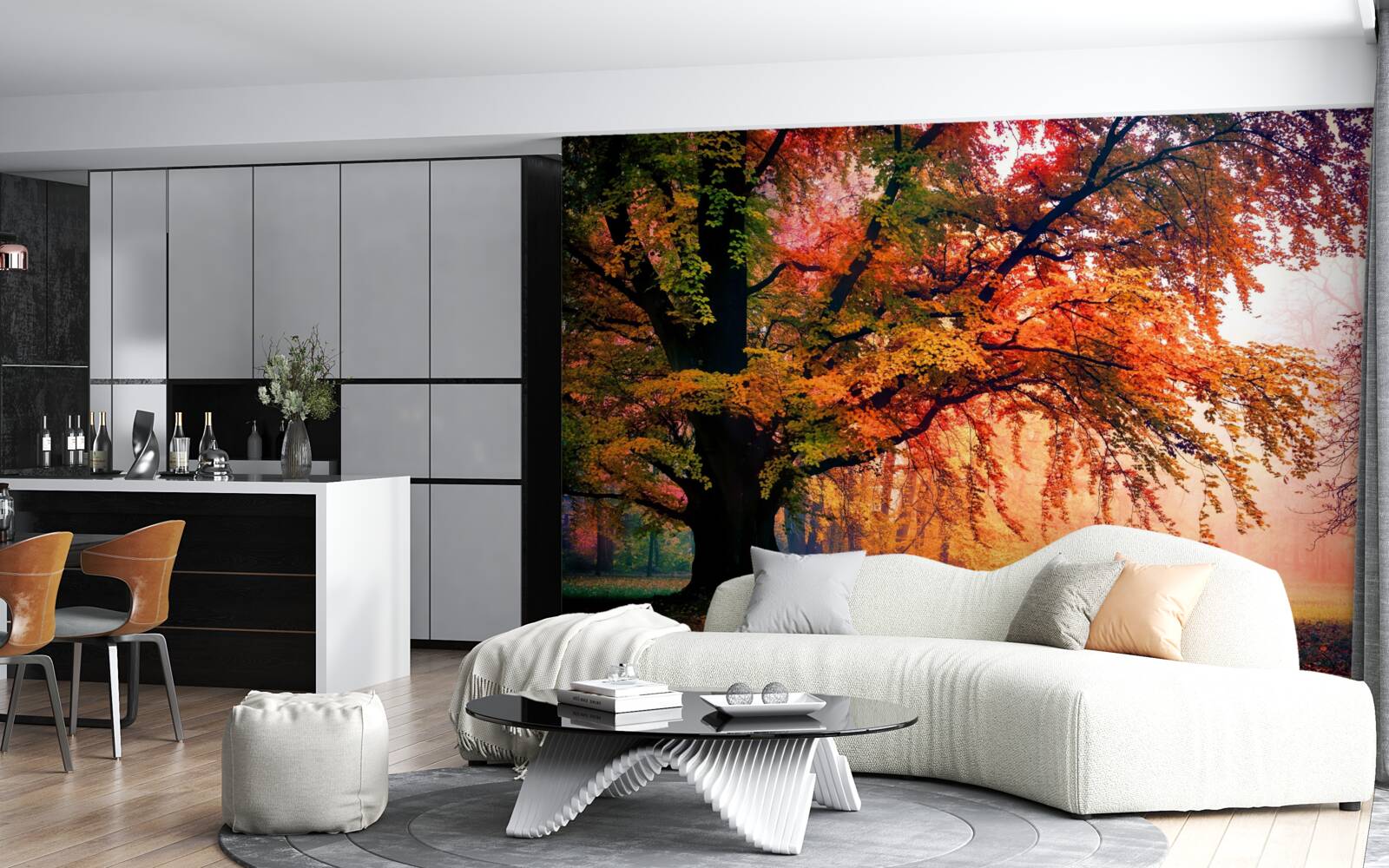 Fototapeta las spowity jesienną mgłą