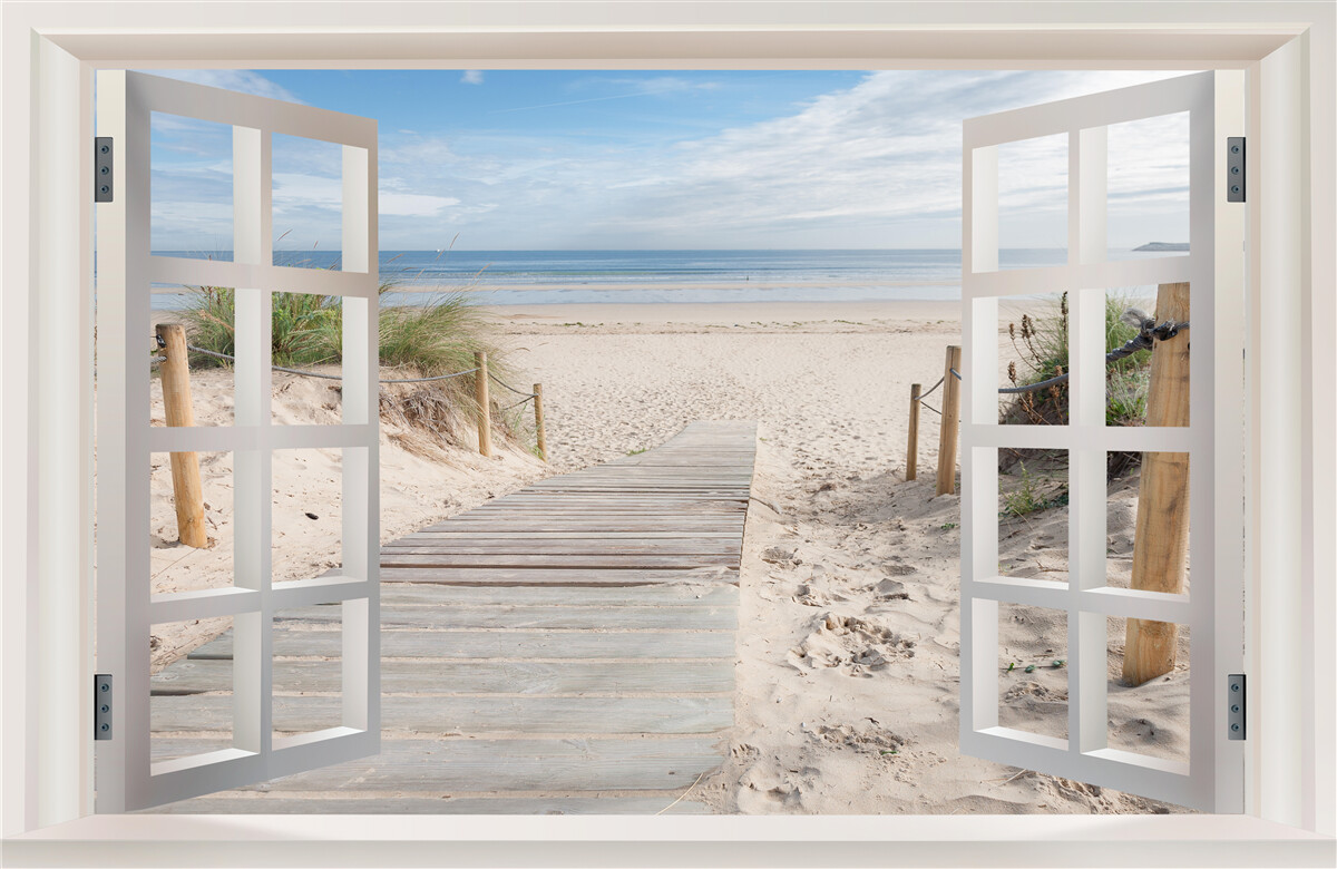 Fototapeta otwarte okno z widokiem na plażę i ocean
