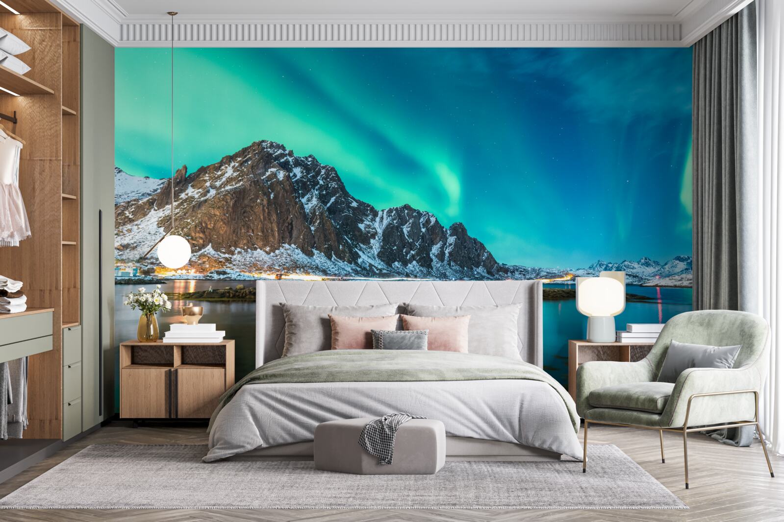 Fototapeta zorza polarna nad szczytem