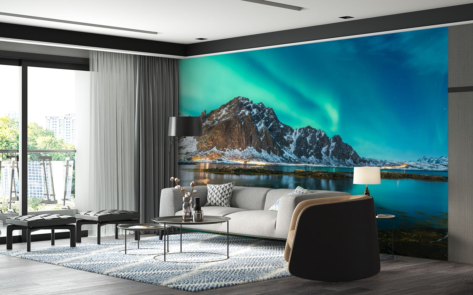 Fototapeta zorza polarna nad szczytem
