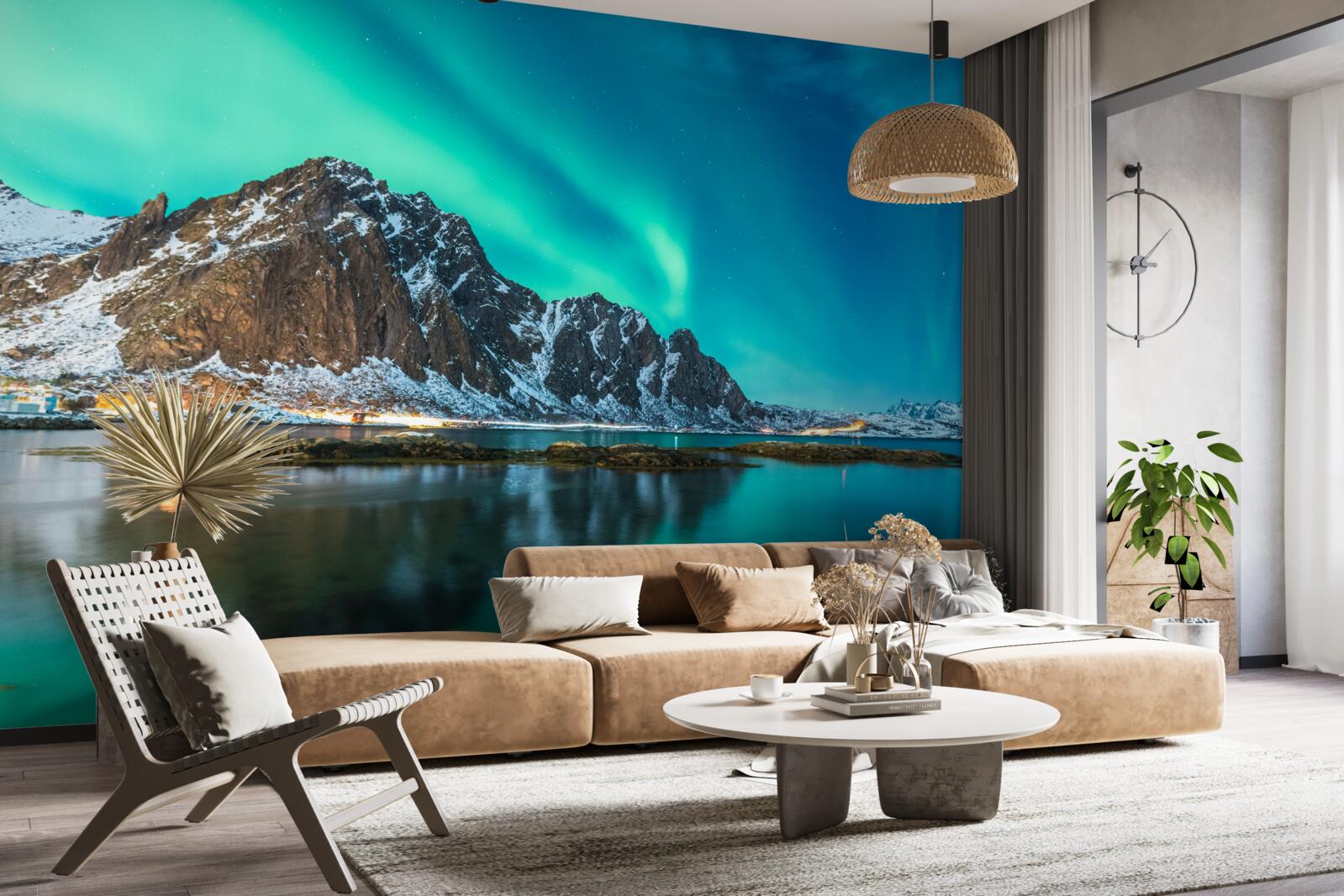 Fototapeta zorza polarna nad szczytem