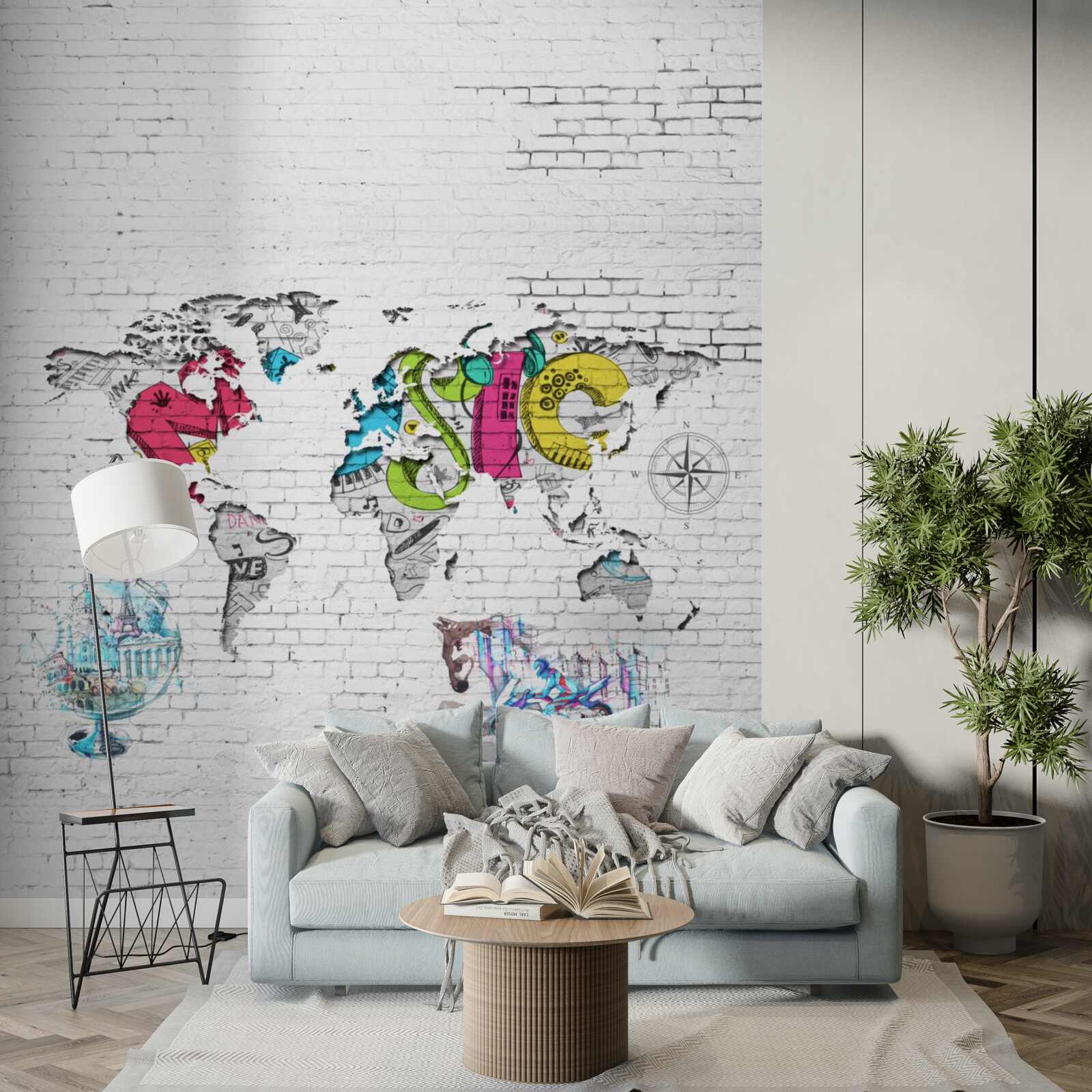 Fototapeta mapa świata w różnych kolorach na białym murem