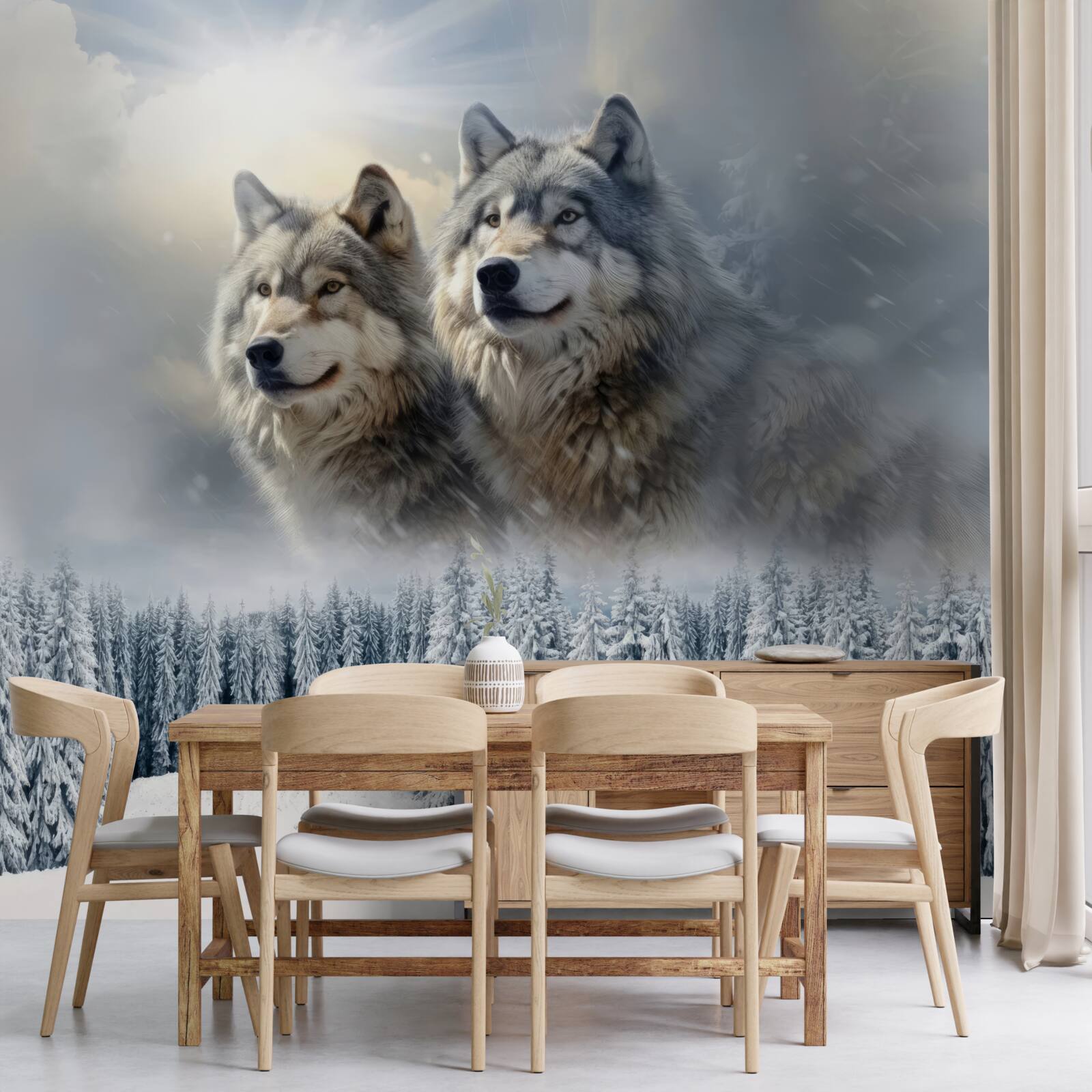 Fototapeta dwa wilki na tle zaśnieżonego lasu