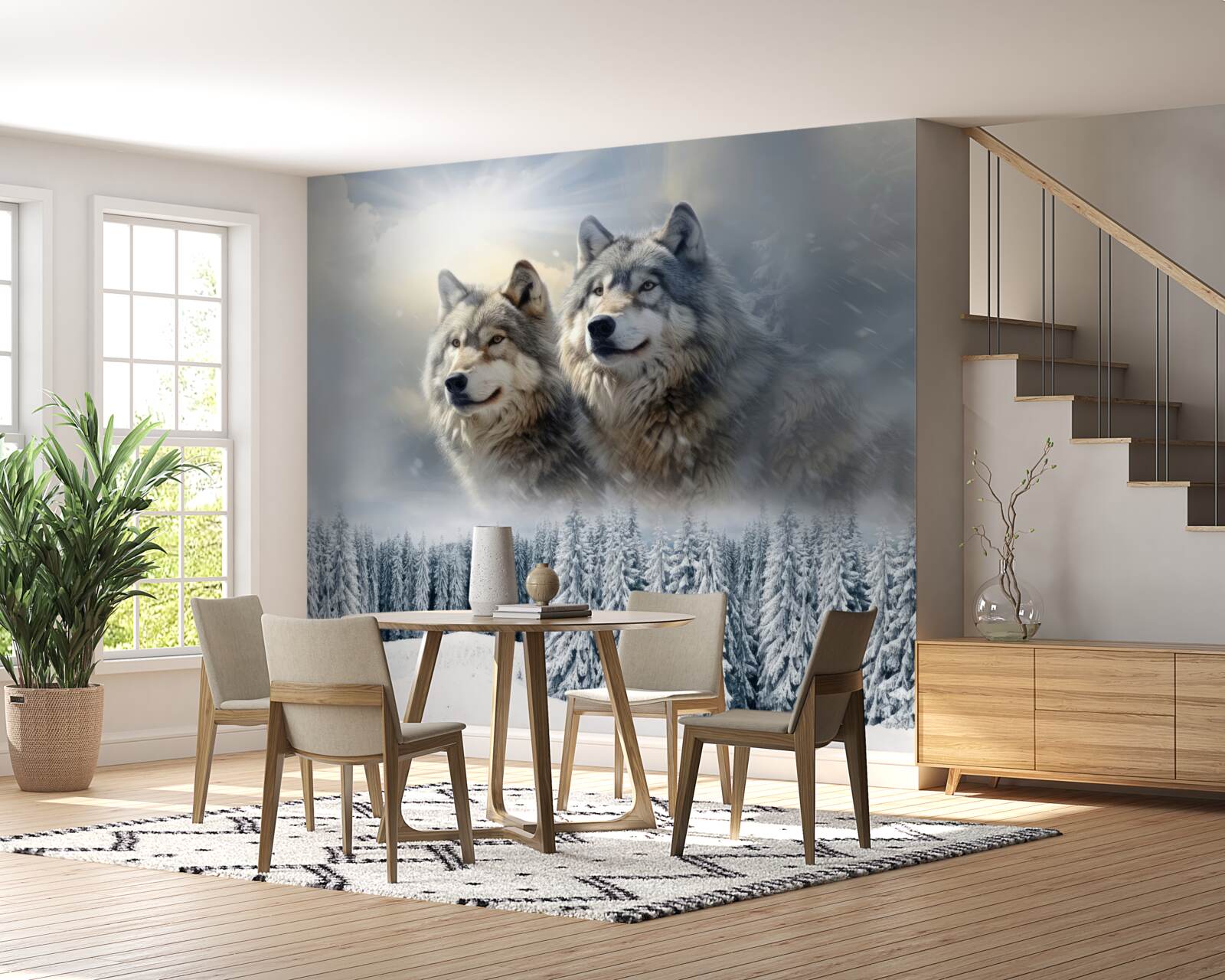 Fototapeta dwa wilki na tle zaśnieżonego lasu