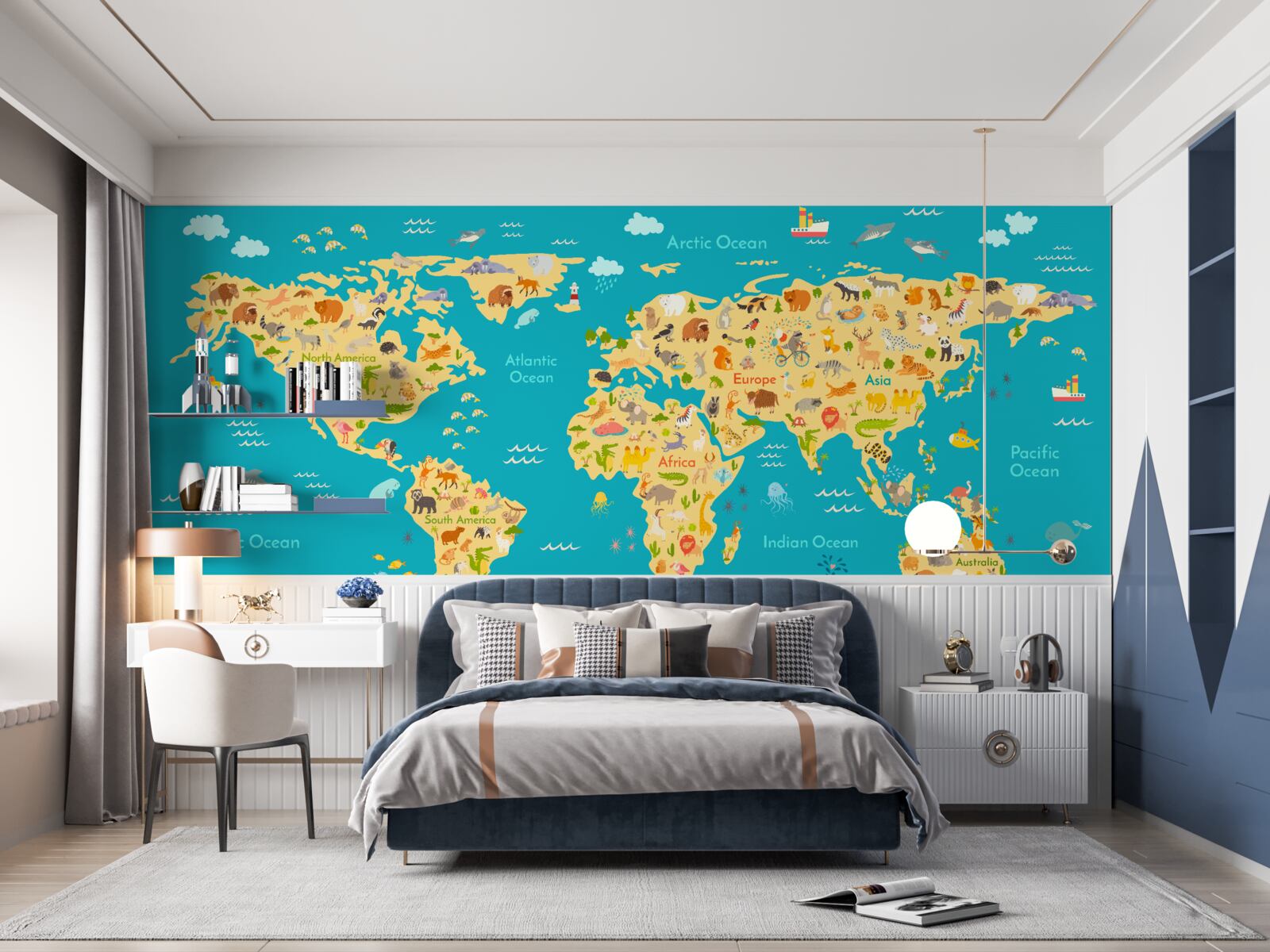 Fototapeta mapa świata ze zdjęciami fauny i lokalnych mieszkańców