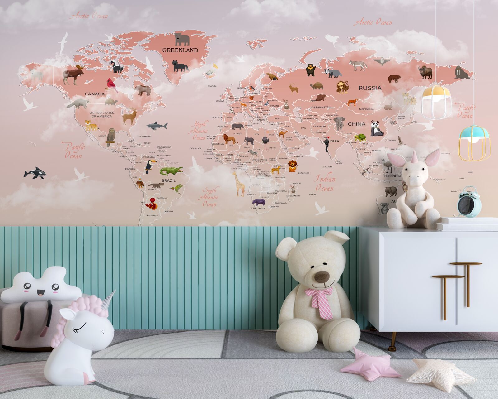Fototapeta różowa mapa świata z wizerunkami zwierząt i imionami