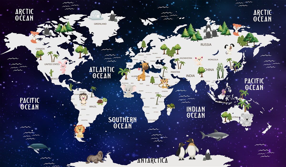 Fototapeta mapa świata nocą z zaznaczonymi oceanami