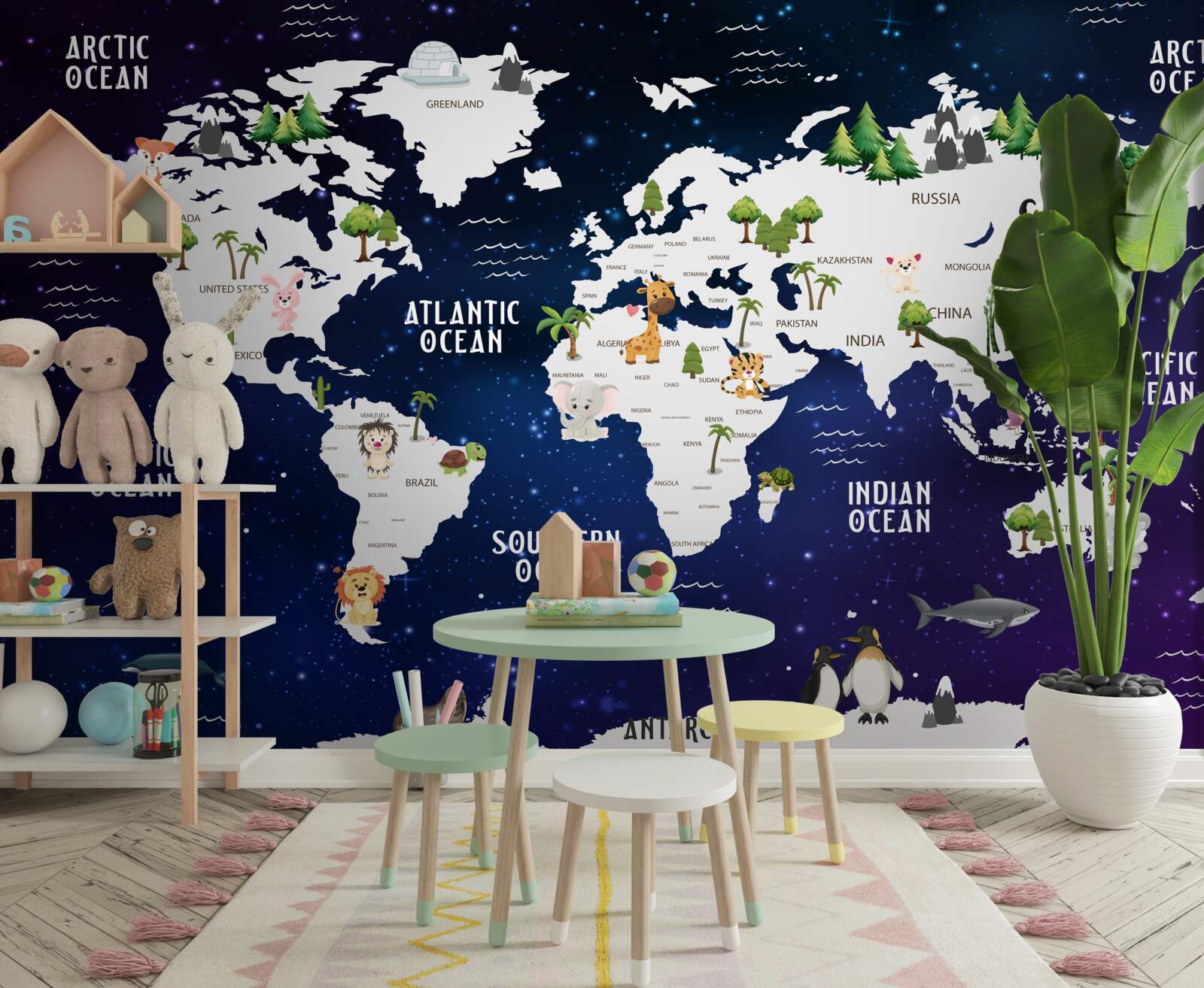 Fototapeta mapa świata nocą z zaznaczonymi oceanami