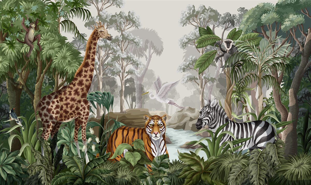Fototapeta Żyrafa, tygrys i zebra w lesie deszczowym