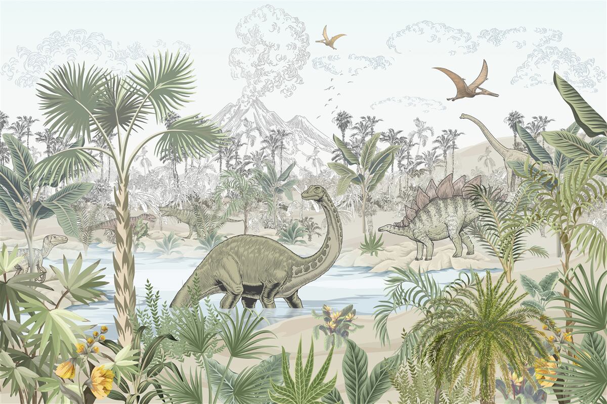 Fototapeta w lesie w pobliżu wody są dinozaury