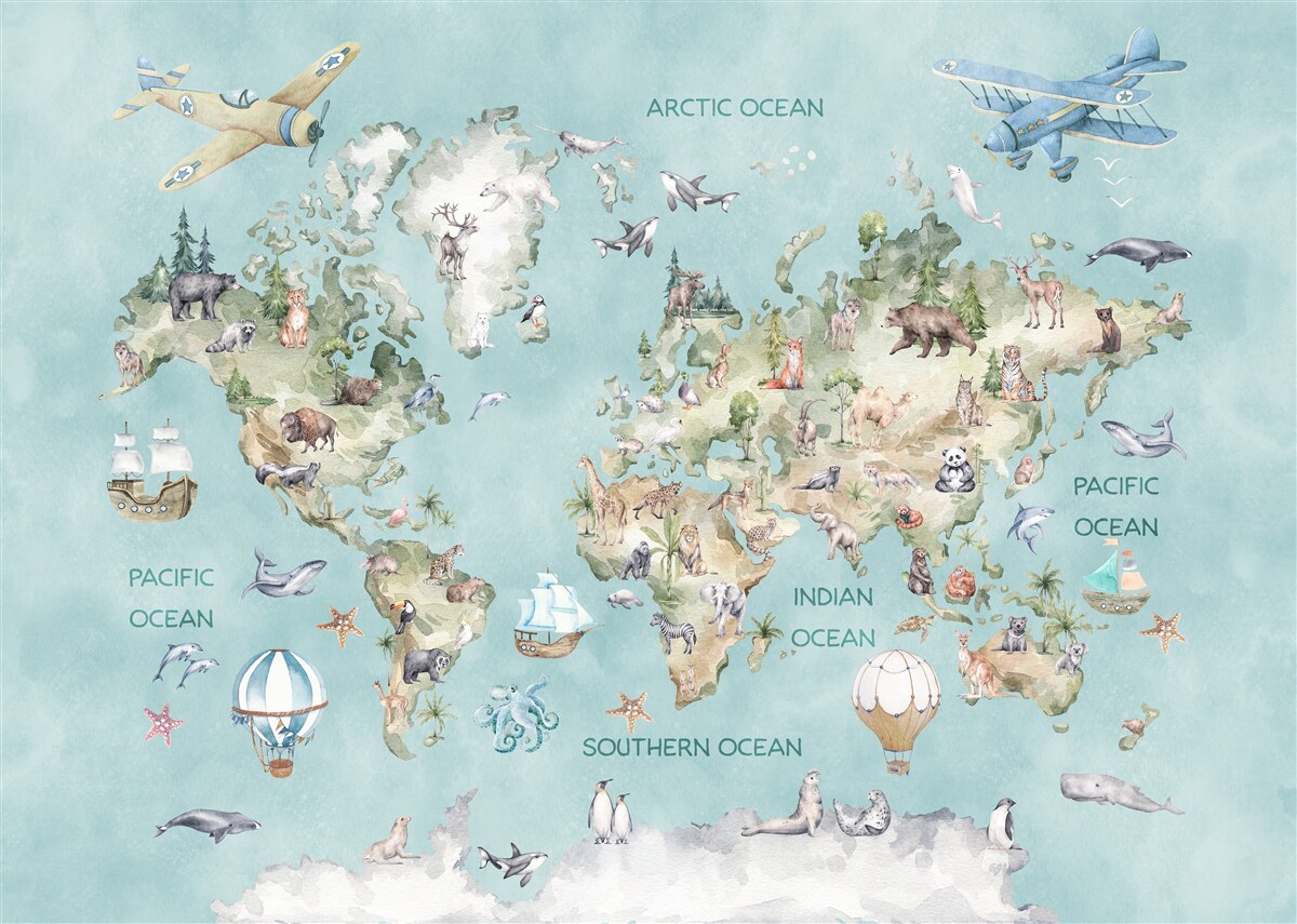 Fototapeta mapa świata dla dzieci z oceanami