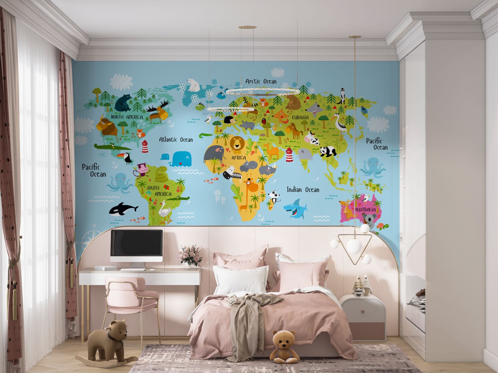 Fototapeta mapa świata dla dzieci z wizerunkami zwierząt