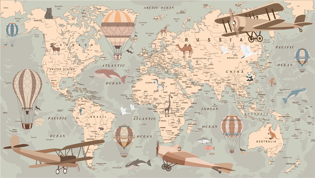 Fototapeta mapa świata ze zdjęciami zwierząt i transportu