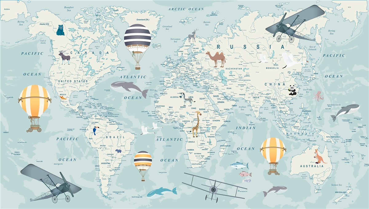 Fototapeta mapa świata pokazująca transport i zwierzęta