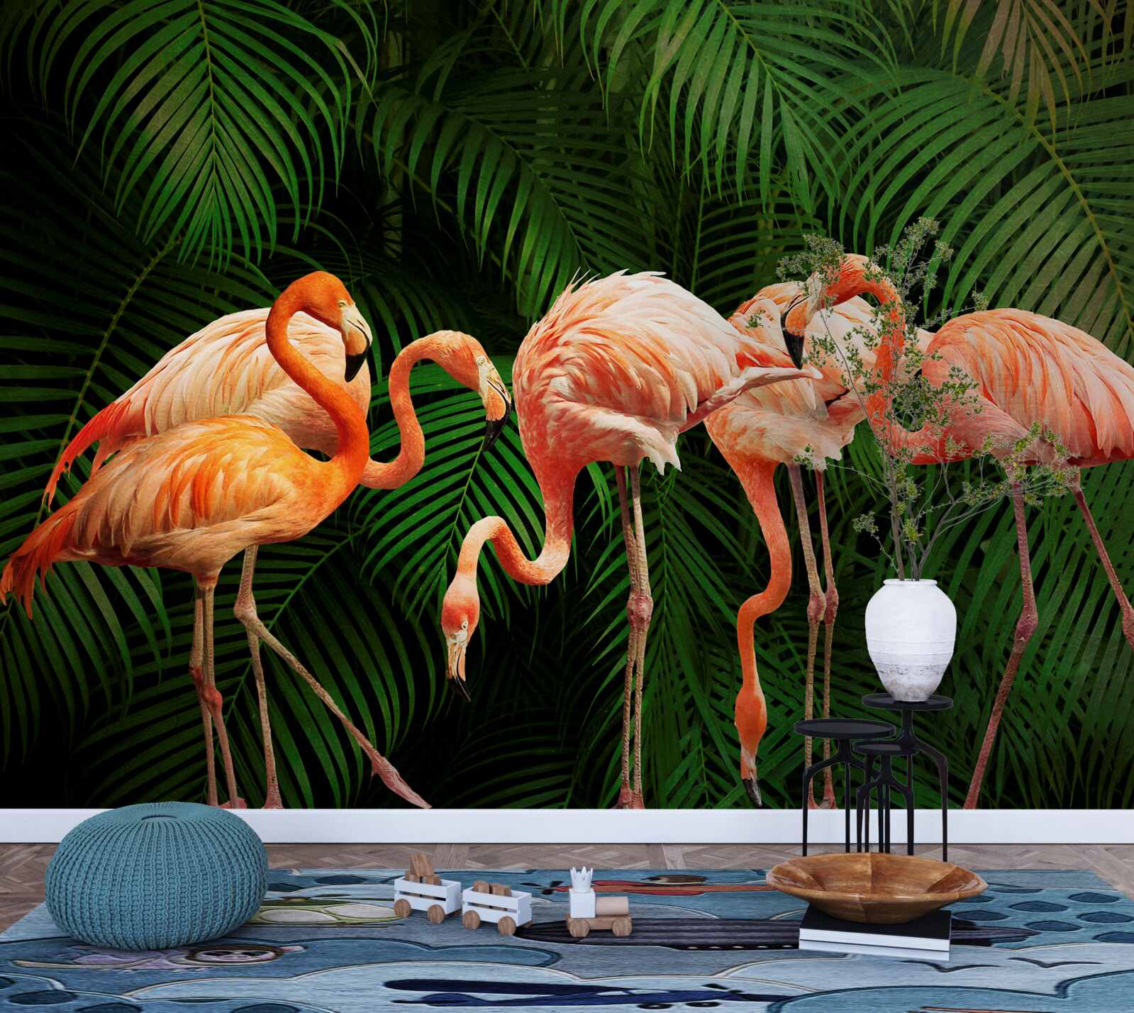 Fototapeta różowe flamingi w lesie z zielonymi drzewami