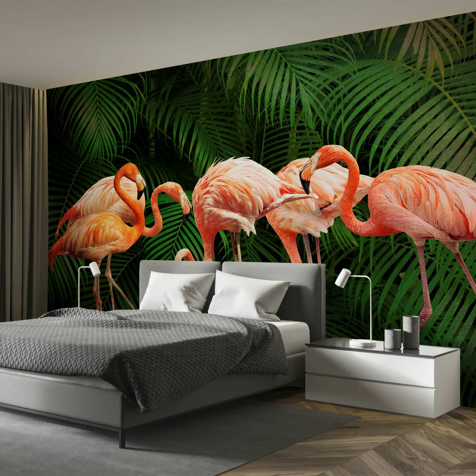Fototapeta różowe flamingi w lesie z zielonymi drzewami