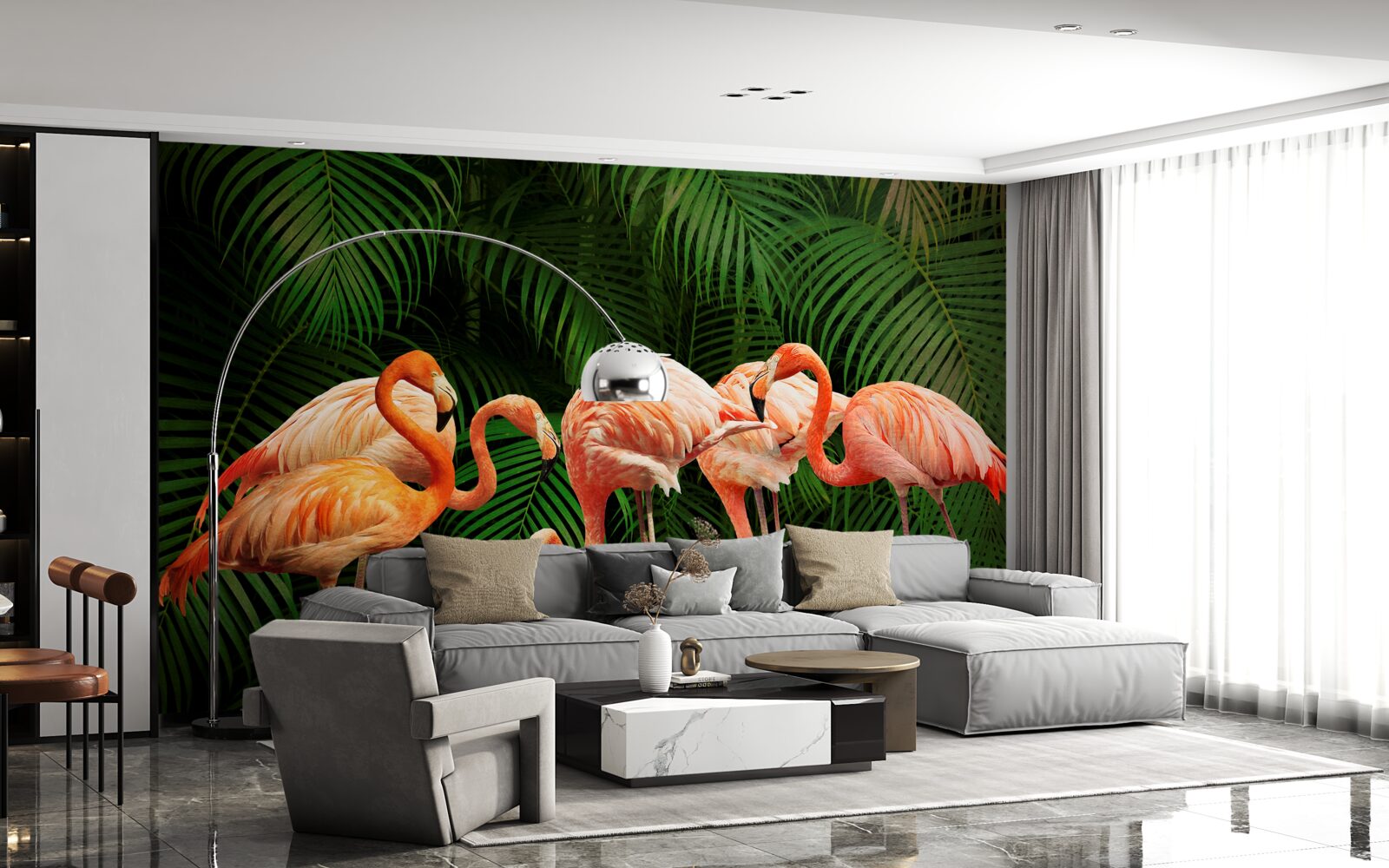 Fototapeta różowe flamingi w lesie z zielonymi drzewami