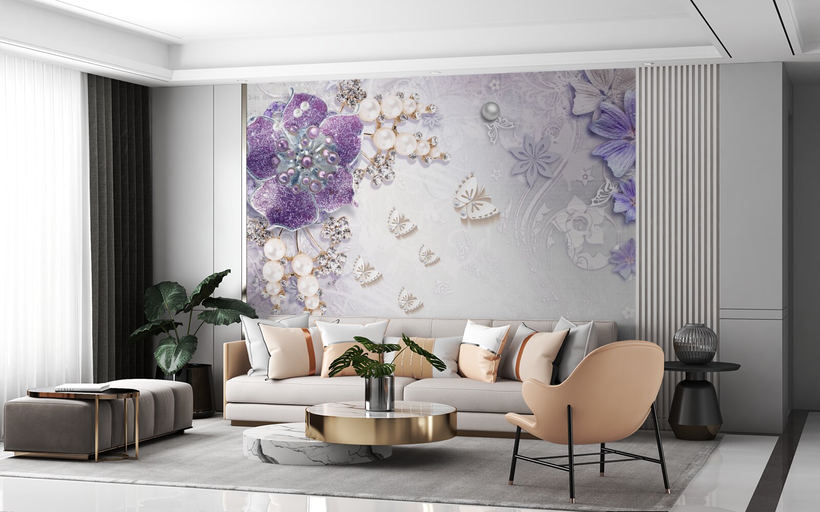 Fototapeta złota orchidea z elementami fioletowymi i perłowymi