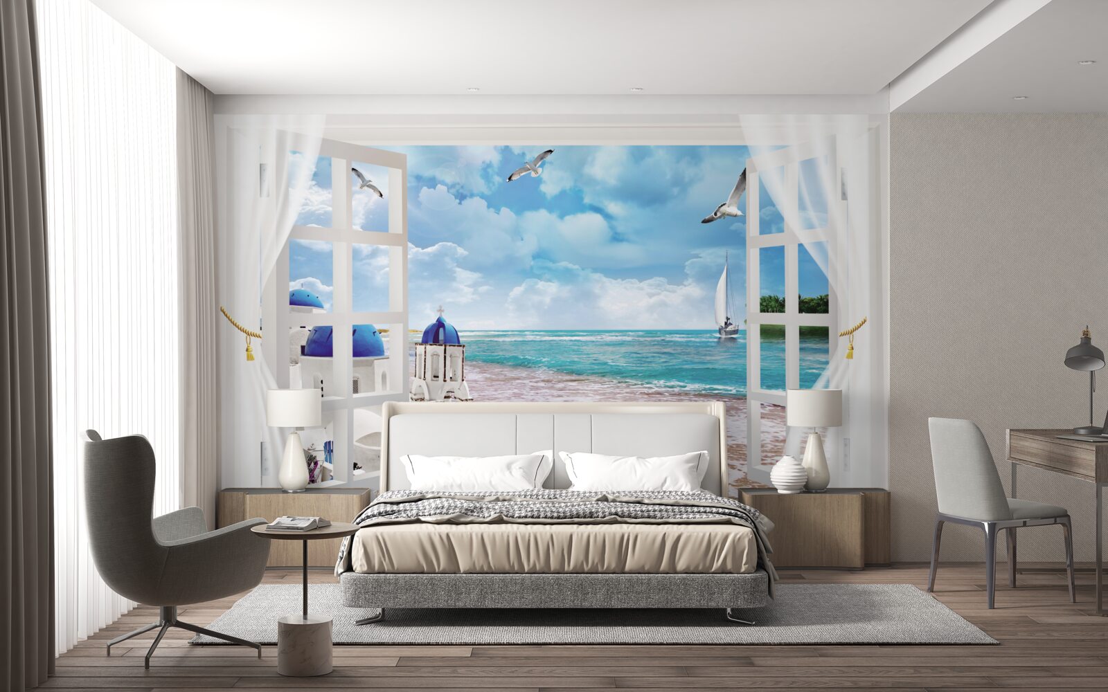 Fototapeta z okna widać plażę w grecji