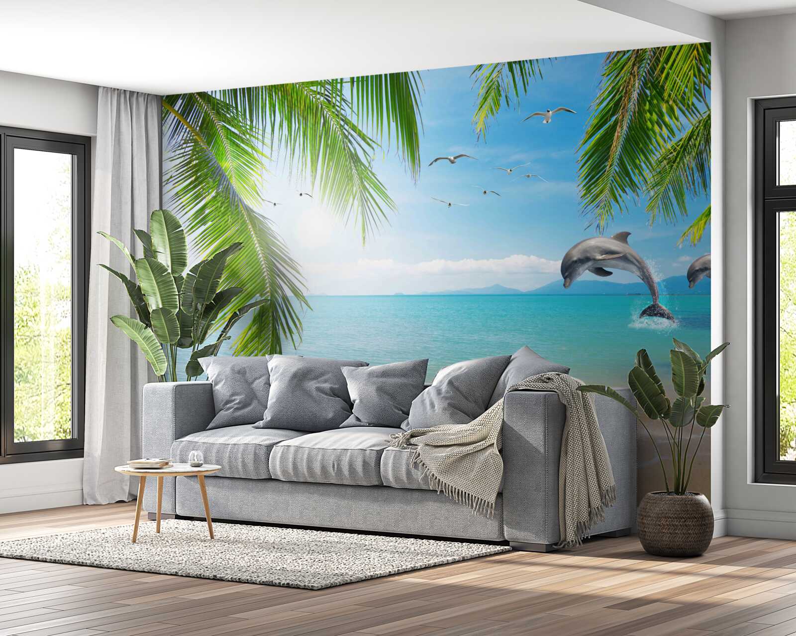 Fototapeta dwa delfiny u wybrzeży z lazurową wodą