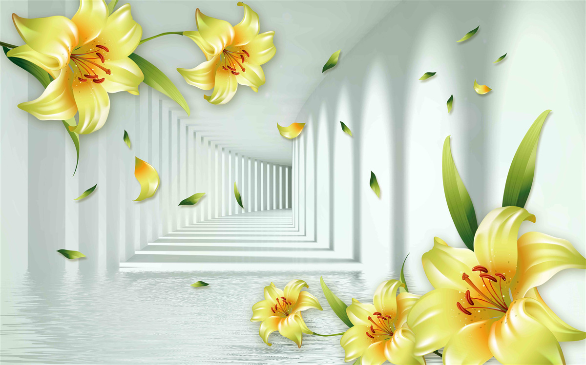 Fototapeta trójwymiarowy tunel z żółtymi liliami