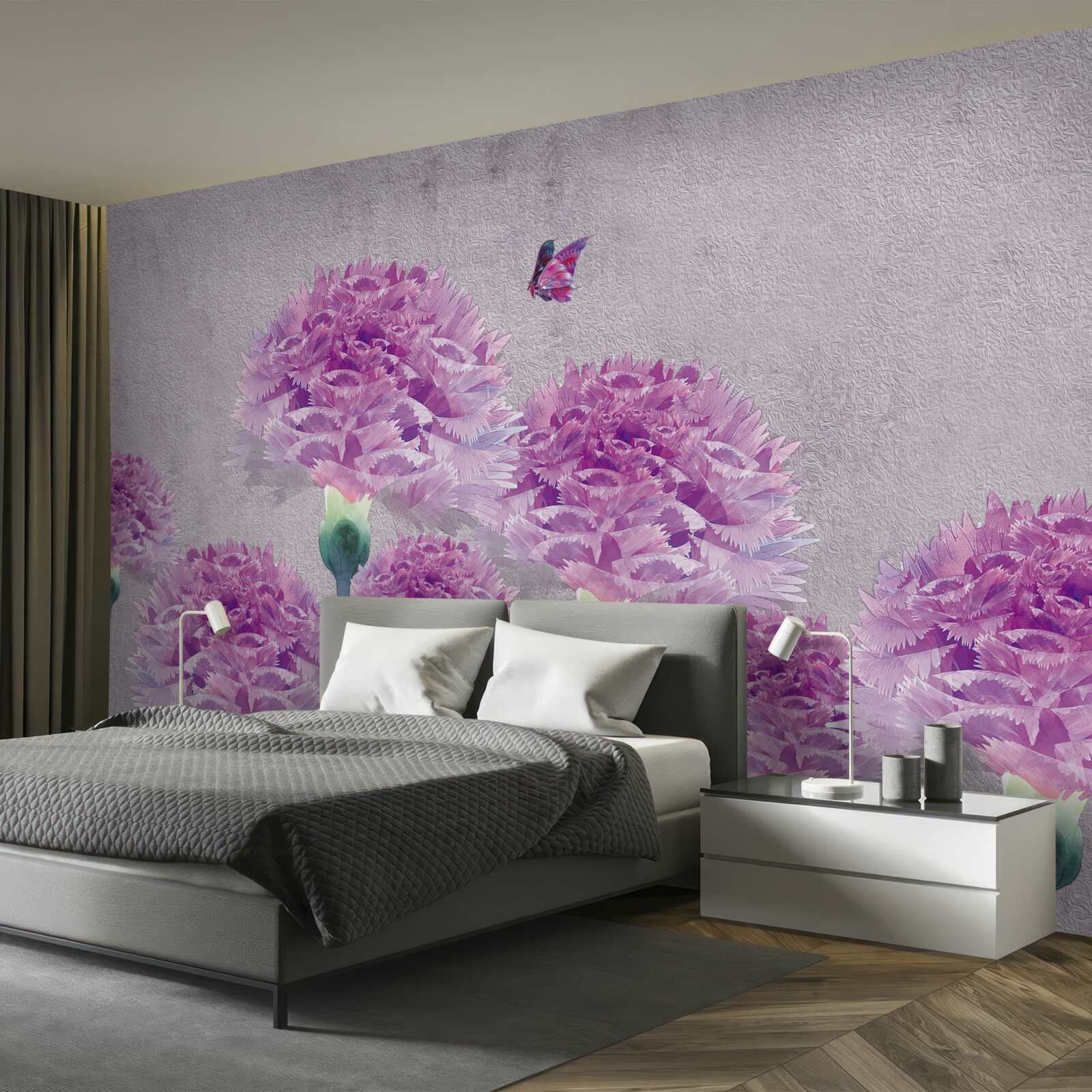 Fototapeta duże goździki w kolorze liliowym i motyl
