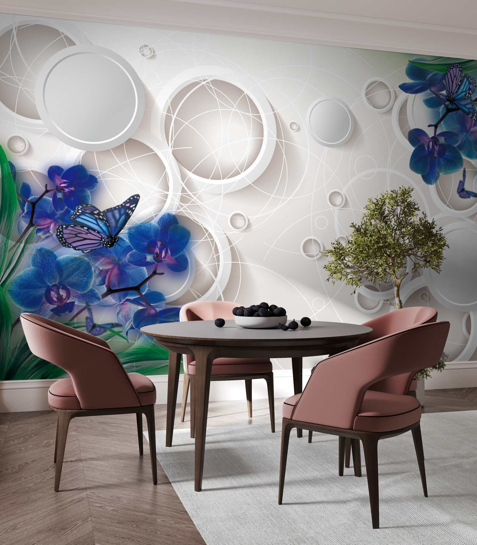 Fototapeta geometryczne tło ozdobione jest niebieskimi gałązkami orchidei