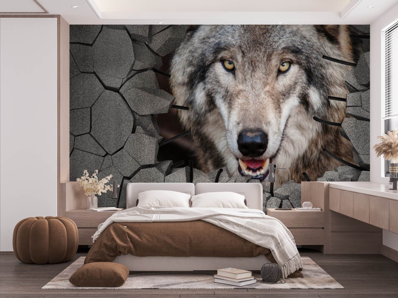 Fototapeta wilk z lasu niszczy ścianę