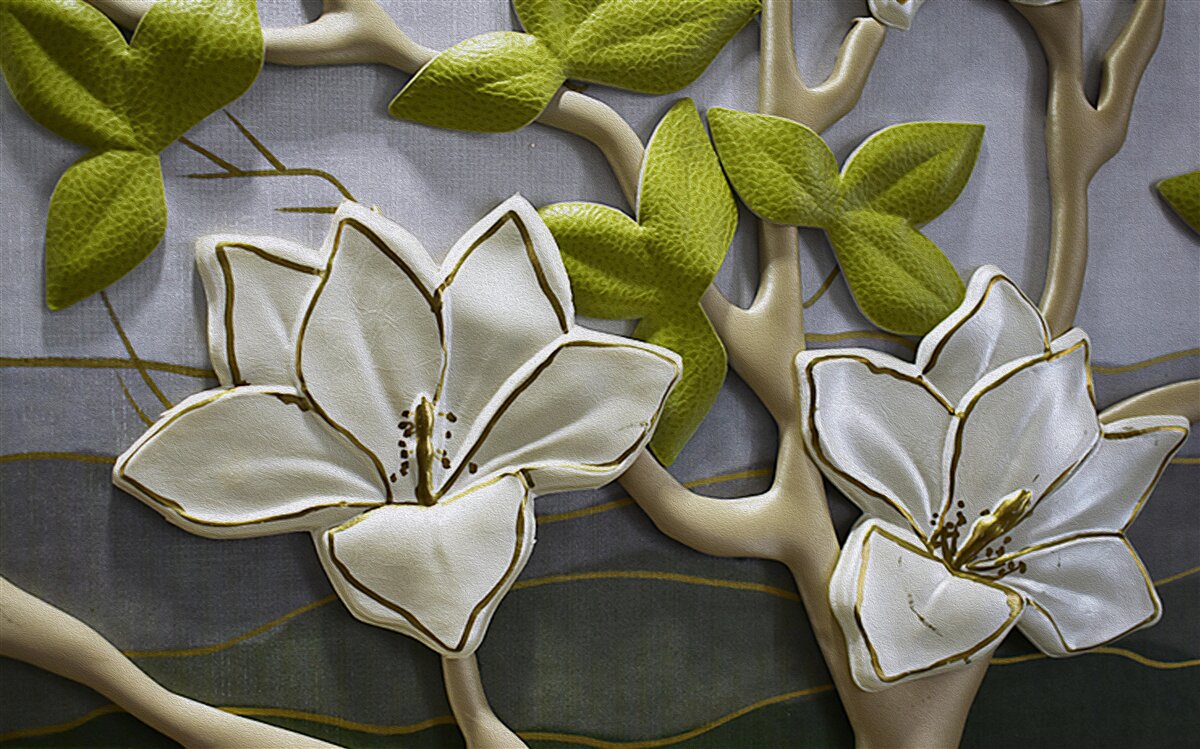 Fototapeta magnolia z porcelanowymi kwiatami na zielonych gałązkach