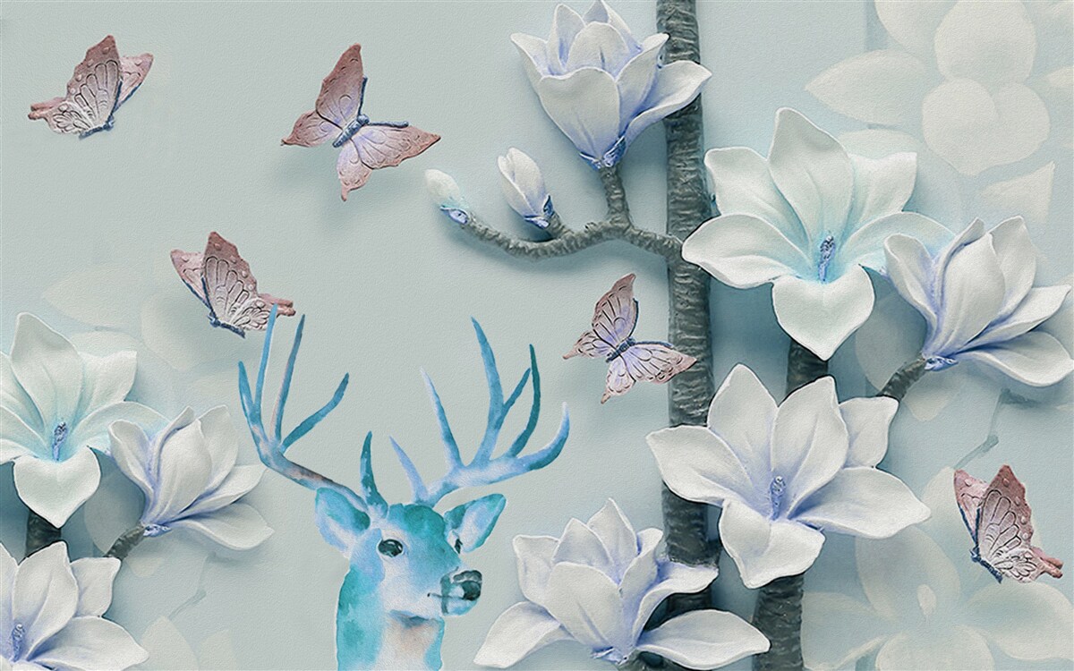 Fototapeta jeleń, biała magnolia i motyle