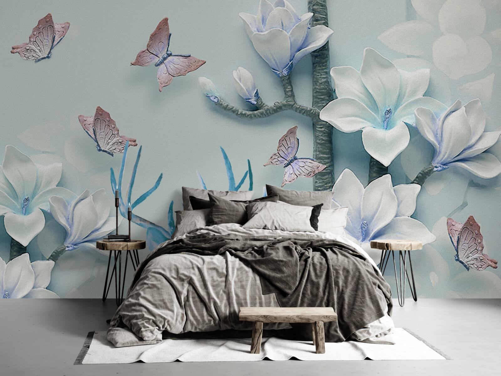 Fototapeta jeleń, biała magnolia i motyle