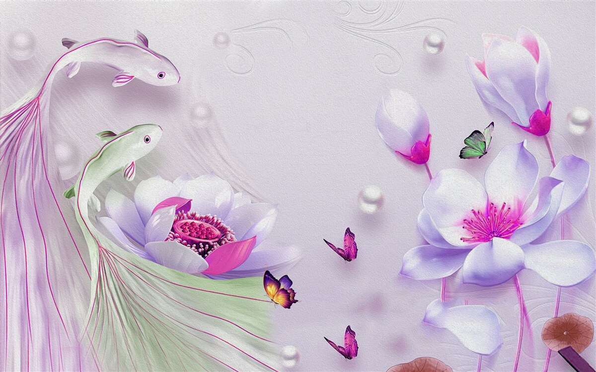 Fototapeta Śnieżnobiała magnolia i małe ryby