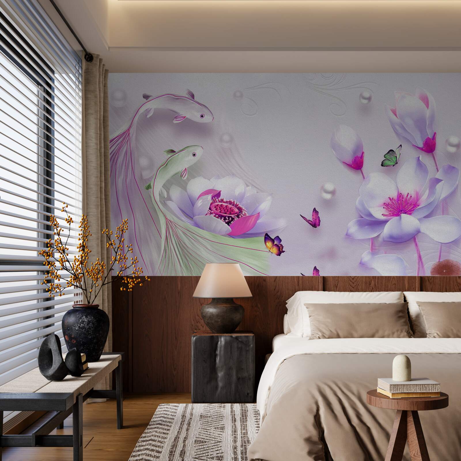 Fototapeta Śnieżnobiała magnolia i małe ryby