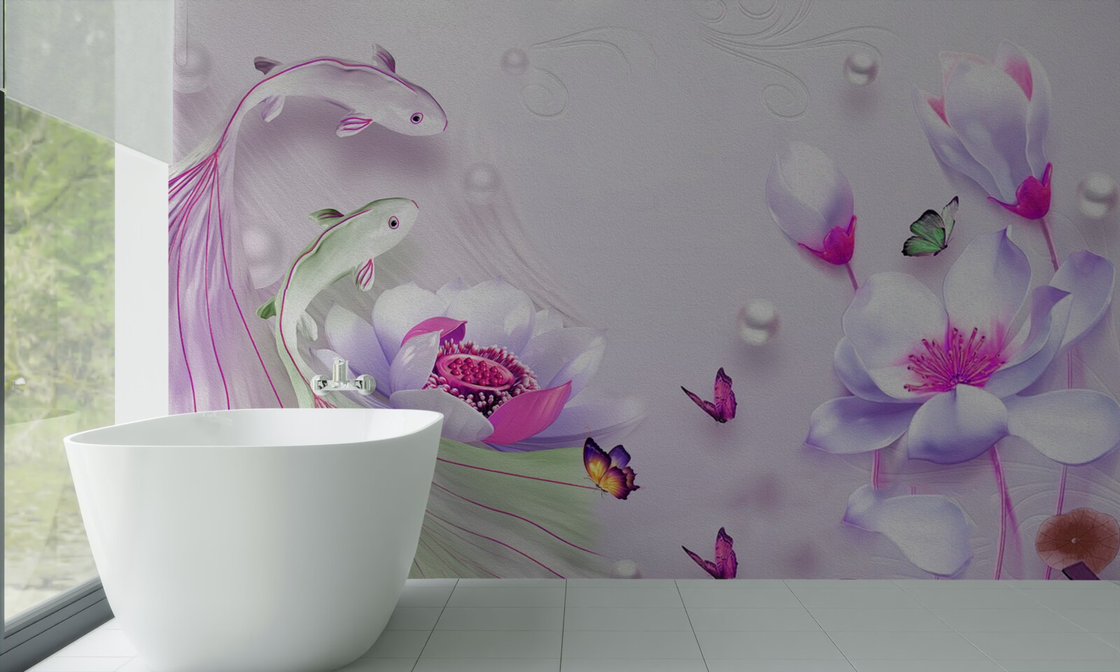 Fototapeta Śnieżnobiała magnolia i małe ryby